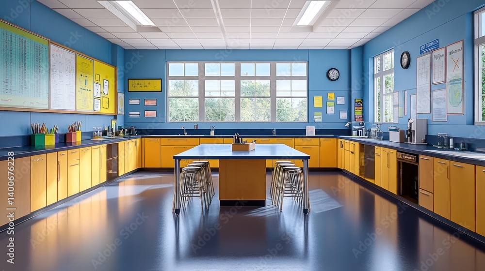Empty school science classroom with yellow cabinets, sunny day Empty school science classroom with yellow cabinets, sunny day
