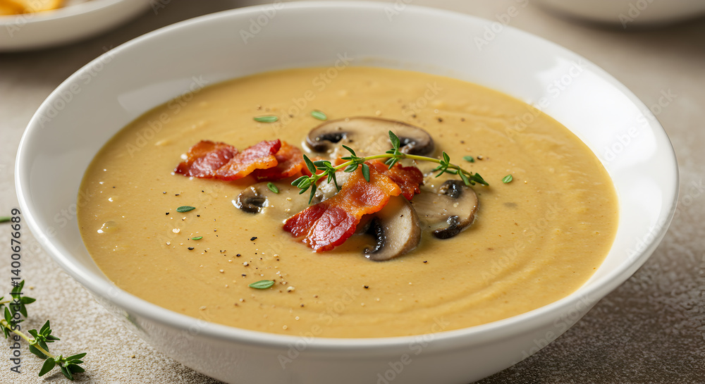 Ketofriendly Creamy Bacon And Mushroom Soup In A Ceramic Bowl Ketofriendly Creamy Bacon And Mushroom Soup In A Ceramic Bowl