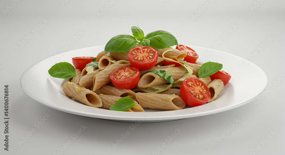 Homemade Whole Grain Pasta Dish Topped With Basil and Cherry Tomatoes Homemade Whole Grain Pasta Dish Topped With Basil and Cherry Tomatoes