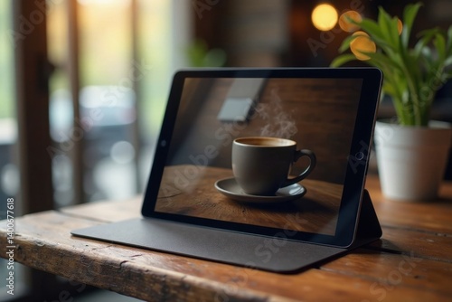 Tablet screen displays coffee cup on rustic wood table, relax, beverage, ipad