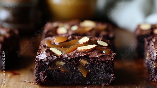 Obraz na płótnie Chocolate brownies with fudgy filling and almond topping, perfect for sharing w salonie