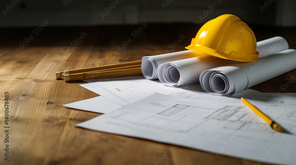 Close-up of rolled construction plans and budget documents scattered on a wooden desk. A bright yellow hard hat sits on top, symbolizing precision in project estimation.