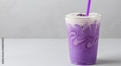 Trendy Iced Ube Latte With Cream And Purple Straw Still Life