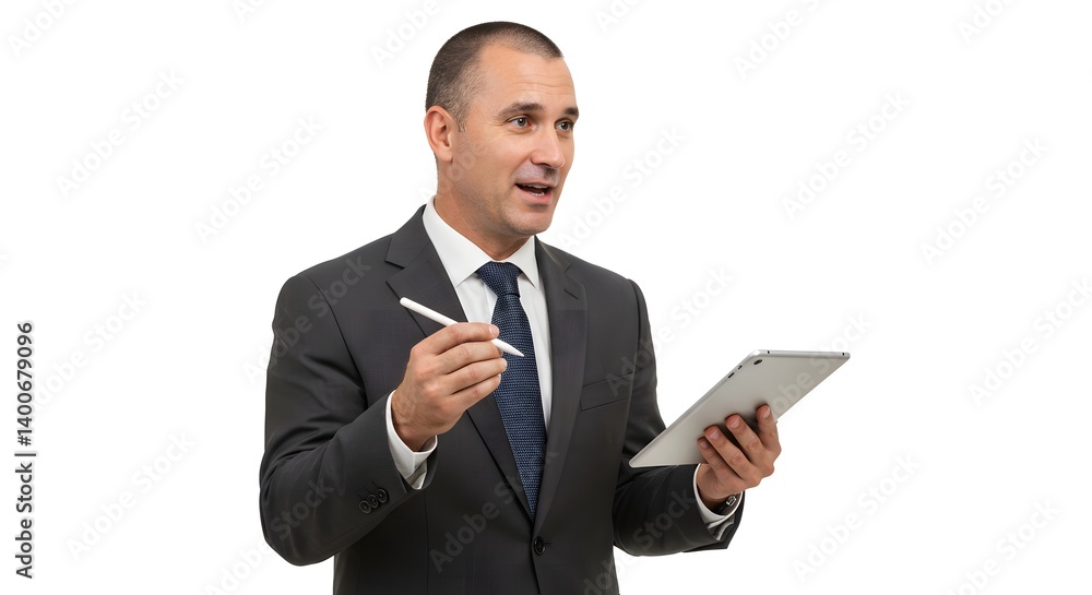 Man in suit holding tablet and stylus pen against white background in a professional setting Man in suit holding tablet and stylus pen against white background in a professional setting