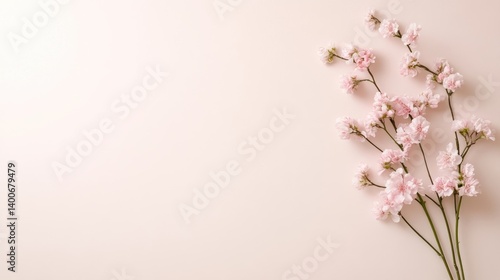 Delicate pink flowers on a soft pastel background.  A lovely arrangement of small, light pink blossoms, gracefully placed on a smooth, light pink surface. 