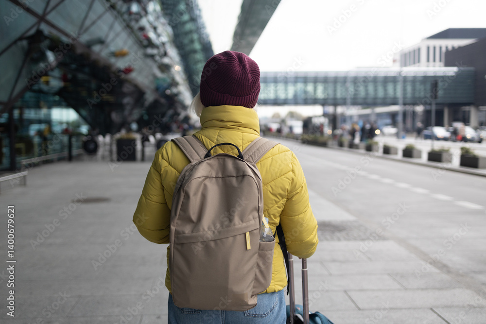 stylish pretty 50s woman traveling with suitcase in Europe in trend autumn outfit street style. High quality photo