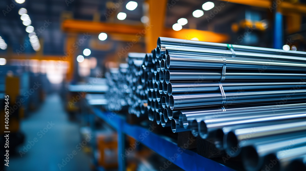 Close-up of silver aluminum rods wrapped with steel bands, organized on heavy-duty metal racks in a factory storage area. Gleaming surfaces reflect controlled lighting in an orderl