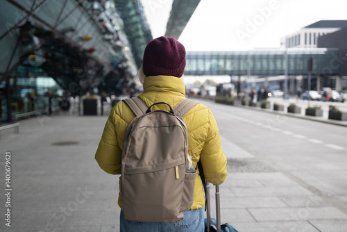 Obraz na płótnie stylish pretty 50s woman traveling with suitcase in Europe in trend autumn outfit street style. High quality photo w salonie