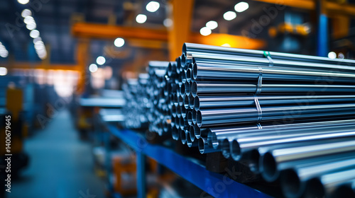 Obraz na płótnie Close-up of silver aluminum rods wrapped with steel bands, organized on heavy-duty metal racks in a factory storage area. Gleaming surfaces reflect controlled lighting in an orderl w salonie