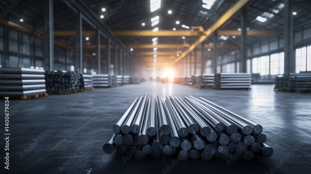 Bundles of cylindrical aluminum rods lie on pallets in a large industrial warehouse, ready for melting and alloy production. Overhead cranes and ventilation ducts add realism to th