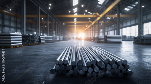 Obraz na płótnie Bundles of cylindrical aluminum rods lie on pallets in a large industrial warehouse, ready for melting and alloy production. Overhead cranes and ventilation ducts add realism to th w salonie