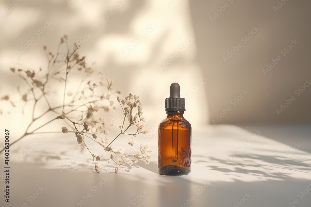 Brown bottle of essential oil sits on a table beside dried flowers and soft sunlight