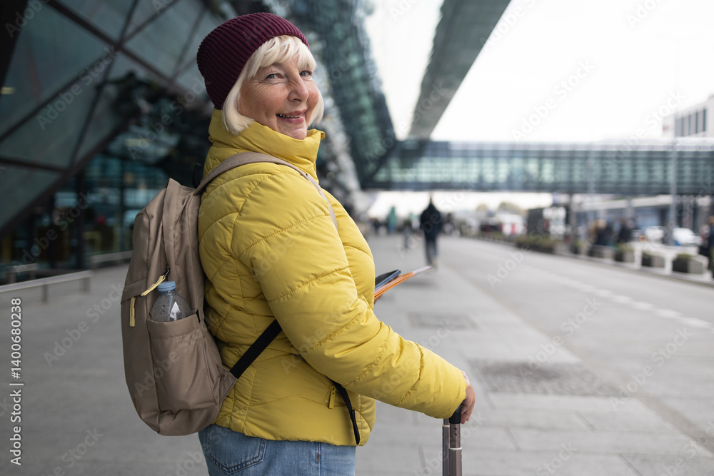 International airport terminal. Asian beautiful woman with luggage and walking in airport. High quality photo