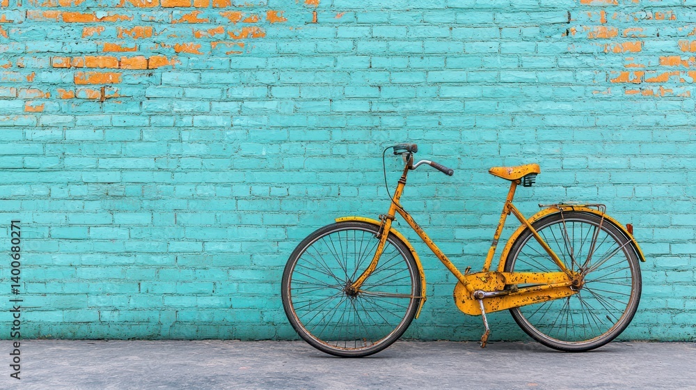 Rusty yellow bike against teal brick wall Rusty yellow bike against teal brick wall