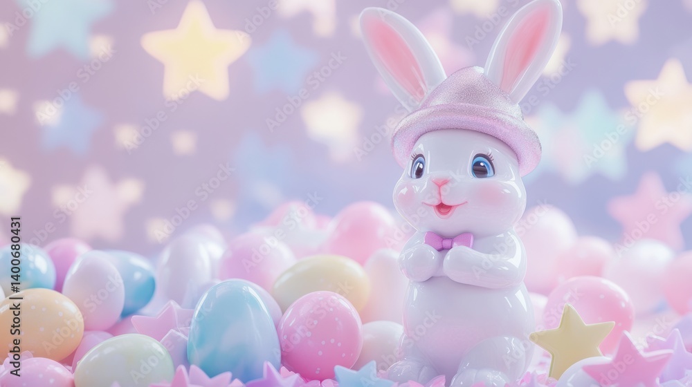 Easter Bunny with Colorful Eggs and Starry Backdrop Still Life Easter Bunny with Colorful Eggs and Starry Backdrop Still Life