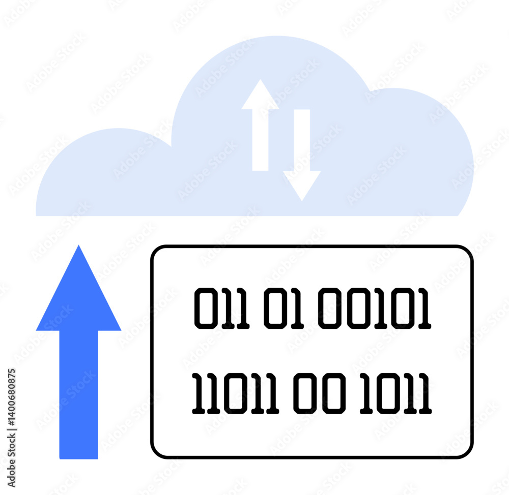 Cloud with bidirectional arrows and binary code panel indicating data exchange. Ideal for concepts thumbs up cloud computing, data storage, file sharing, uploads, downloads, technology, flat simple Cloud with bidirectional arrows and binary code panel indicating data exchange. Ideal for concepts thumbs up cloud computing, data storage, file sharing, uploads, downloads, technology, flat simple
