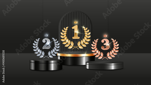 Realistic 3d Podium Stage. Winners pedestal with gold, silver and bronze  laurel awards for winners. 1, 2, 3 place. Vector Illustration on black Background.