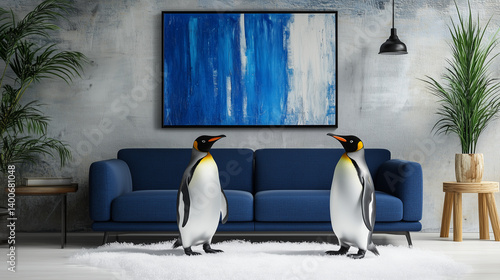 Modern lounge with abstract wall art, blue fabric sofa, and frosty snow blanketing the floor. Two penguins waddle beneath the quiet hum of an air conditioner.