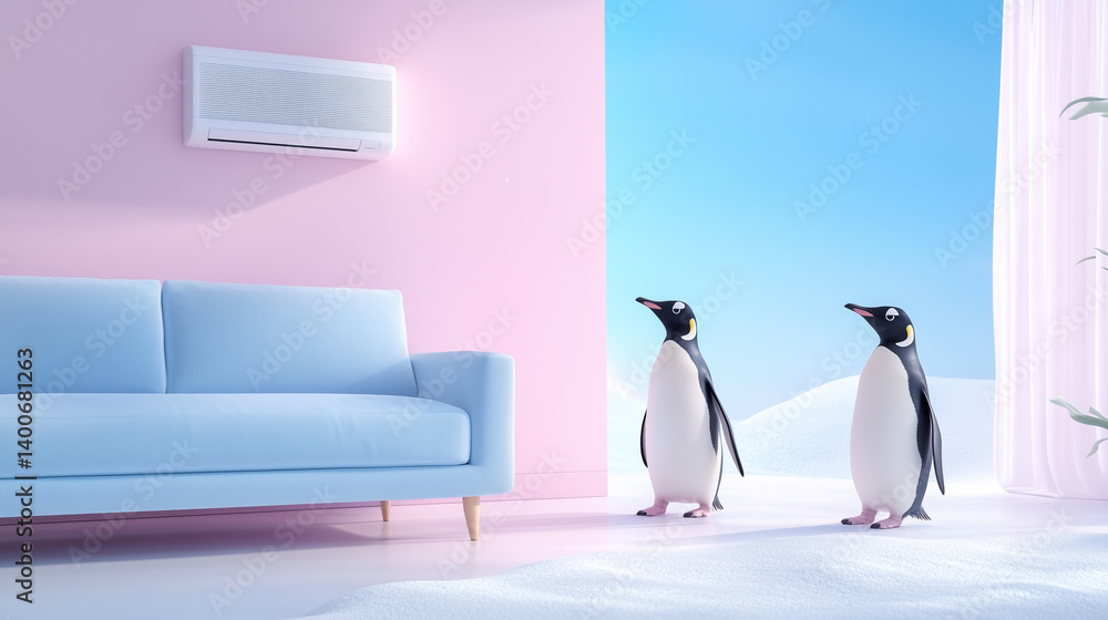 Obraz premium Stylish Scandinavian-inspired interior with pale walls, air conditioning unit, and blue sofa. The floor is dusted with soft snow as two penguins explore their indoor habitat.
