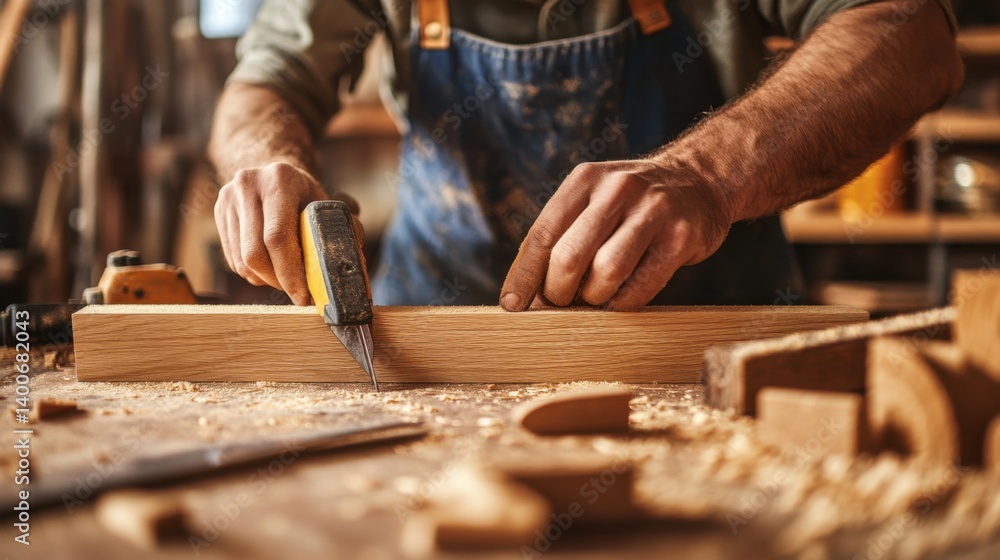Carpenter crafting a wooden shelf in a studio. Featuring skill and detail Carpenter crafting a wooden shelf in a studio. Featuring skill and detail
