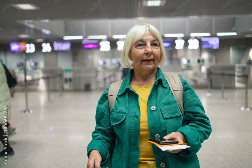 Traveler tourist happy smiling joyful fun mature elderly senior lady woman 55 years old with hand luggage, backpack holds passport and waits for flight travel at international airport terminal.