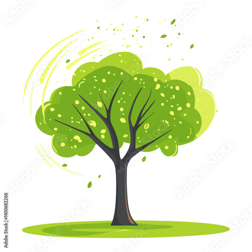 Blooming tree with swirling pollen in spring
