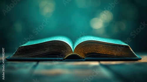 Open book on wooden table, mystical ambiance