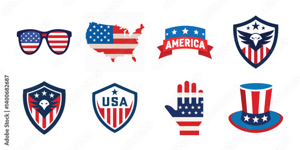 4th of July vector elements set. Collection of American Independence Day vectors, shield, banner, hat, sunglass, map collection 4th of July vector elements set. Collection of American Independence Day vectors, shield, banner, hat, sunglass, map collection