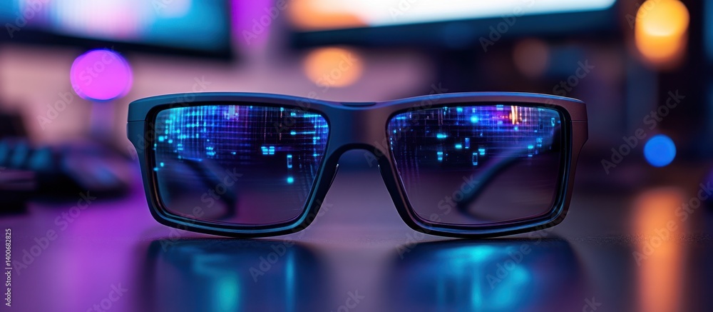 Futuristic Glasses with Digital Reflections on Dark Table Futuristic Glasses with Digital Reflections on Dark Table