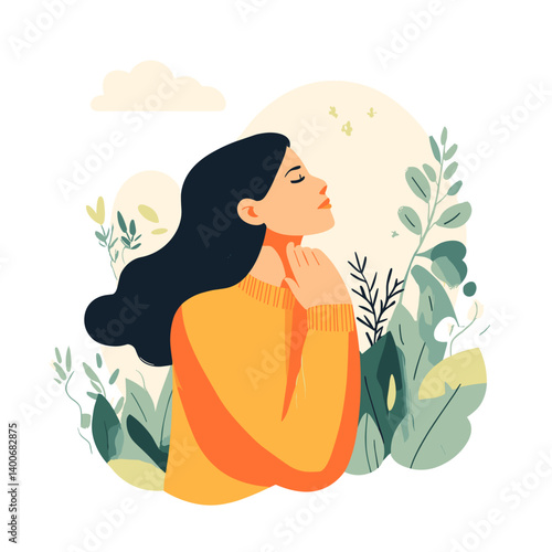 Woman with allergy touching throat in blooming garden
