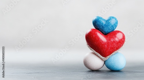 Three hearts of different colors, stacked on top of each other, resting on three spheres