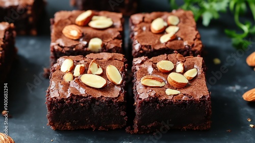 Obraz na płótnie Chocolate brownies with gooey fudge center and crunchy almond topping for extra texture w salonie