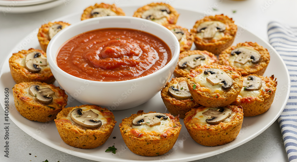 Delicious Low Carb Pizza Bites with Marinara Dip Appetizing Presentation Delicious Low Carb Pizza Bites with Marinara Dip Appetizing Presentation