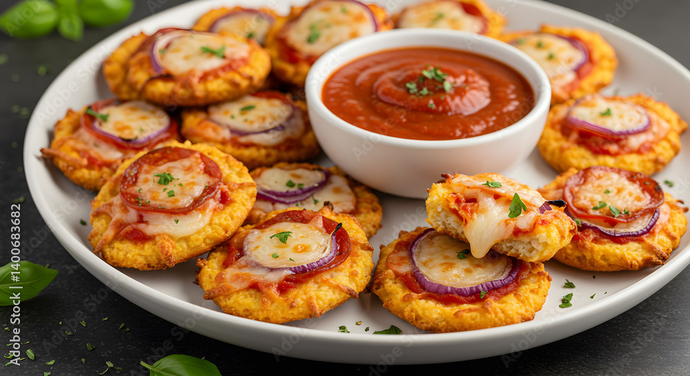 Delicious Low Carb Pizza Bites with Marinara Dip Appetizing Presentation Delicious Low Carb Pizza Bites with Marinara Dip Appetizing Presentation