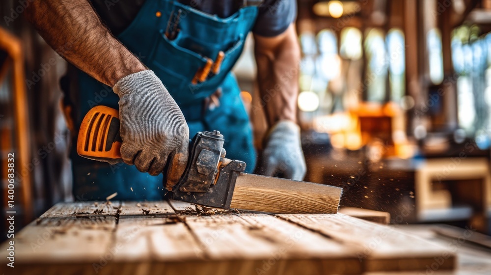 Carpenter cutting wood at a workshop. Featuring focus and craftsmanship Carpenter cutting wood at a workshop. Featuring focus and craftsmanship