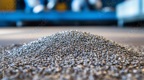 Macro shot of the surface texture of beryllium ingots, fine metallic grains visible. Background shows lab technicians in safety gear.