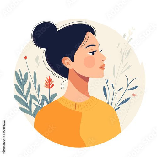 Woman touching her throat surrounded by plants
