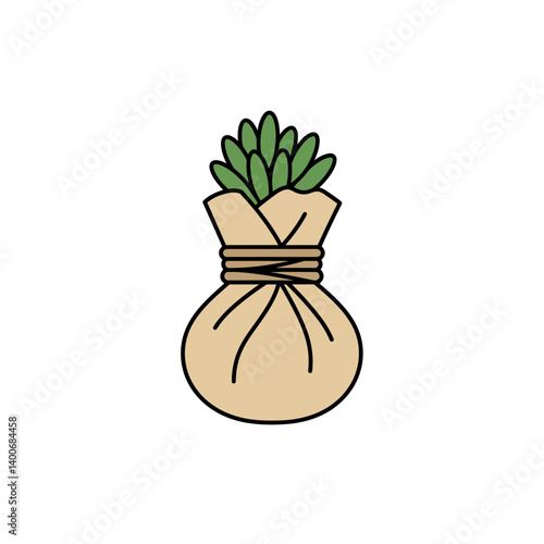 Green Plant in Sack: A vibrant green plant sprouts from a brown burlap sack tied with twine, representing natural growth and resilience.