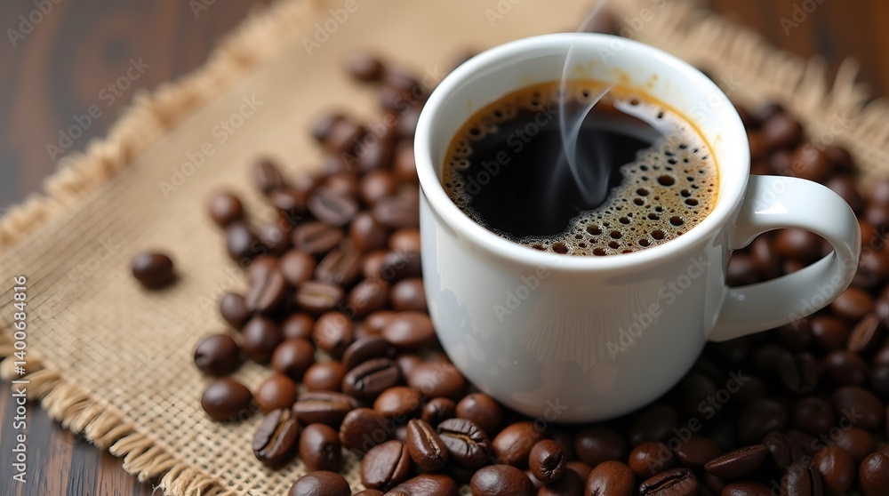 Steaming coffee in white mug on burlap with roasted beans. Warm drink, morning boost. Ideal for food, beverage, and lifestyle themes. Steaming coffee in white mug on burlap with roasted beans. Warm drink, morning boost. Ideal for food, beverage, and lifestyle themes.