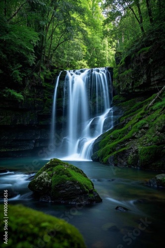 a waterfall in the middle of a forest with mossy rocks