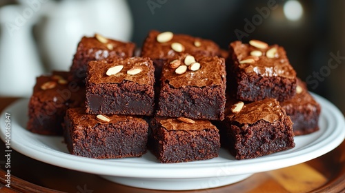 Obraz na płótnie Chocolate brownies with gooey fudge center and crunchy almond topping for extra texture w salonie
