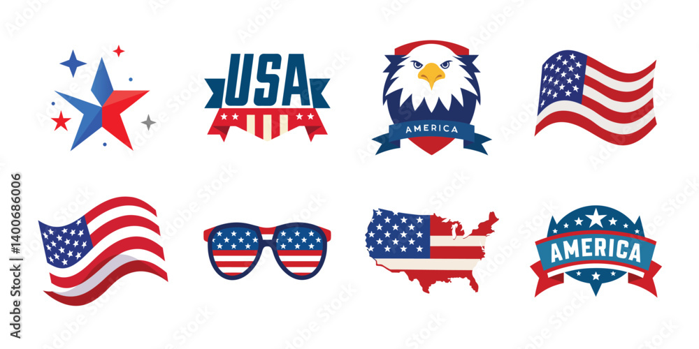 4th of July vector elements set. Collection of American Independence Day vector illustrations on white background 4th of July vector elements set. Collection of American Independence Day vector illustrations on white background