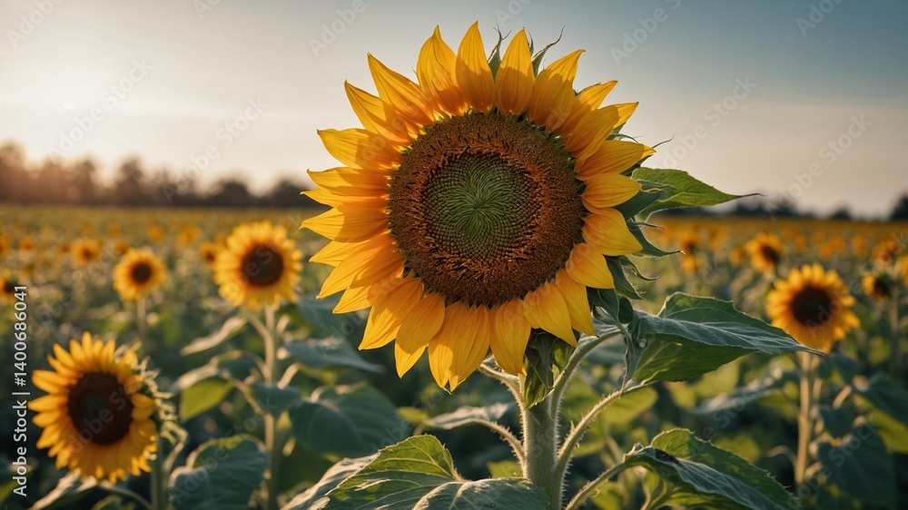 Fototapeta premium Amidst sunflower field at sunset, vibrant sunflower stands tall, its yellow petals radiating warmth. Surrounding flowers bask in golden light.