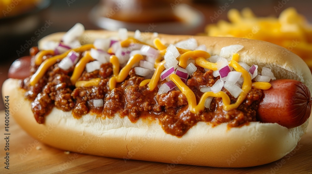 Close-up of delicious chili cheese hot dog with onions and melted cheddar topping Close-up of delicious chili cheese hot dog with onions and melted cheddar topping