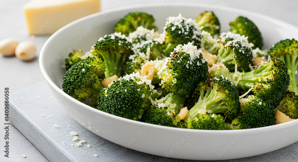 Roasted Broccoli with Garlic and Parmesan Cheese on Neutral Background Roasted Broccoli with Garlic and Parmesan Cheese on Neutral Background