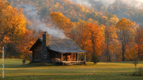 Cozy cabin in autumnal forest