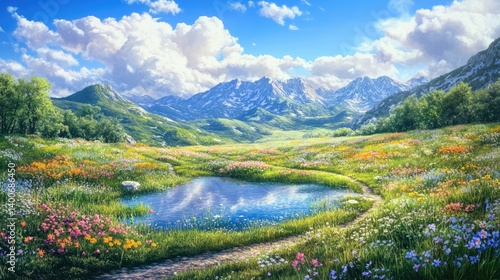 Illustration of a serene countryside landscape featuring a clear pond in the foreground