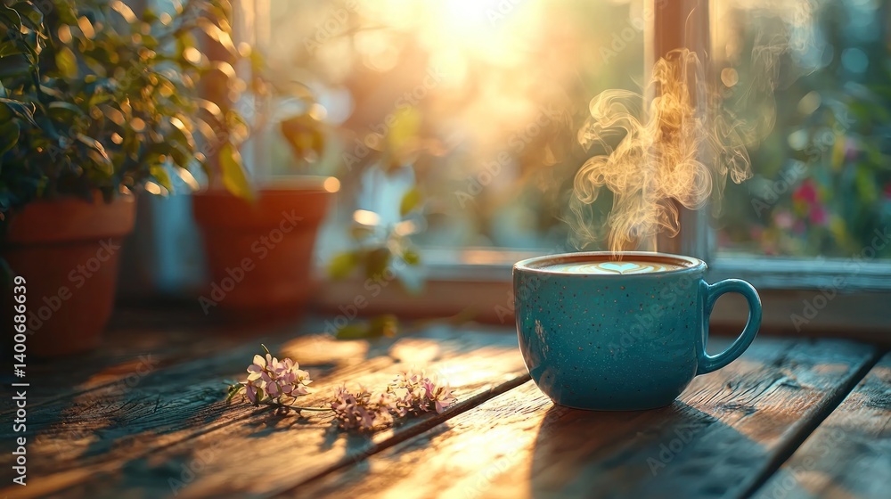 Obraz premium Morning cup of coffee on wooden table