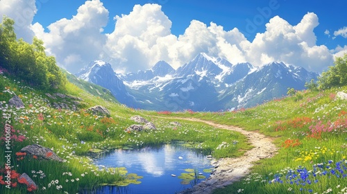 Illustration of a serene countryside landscape featuring a clear pond in the foreground