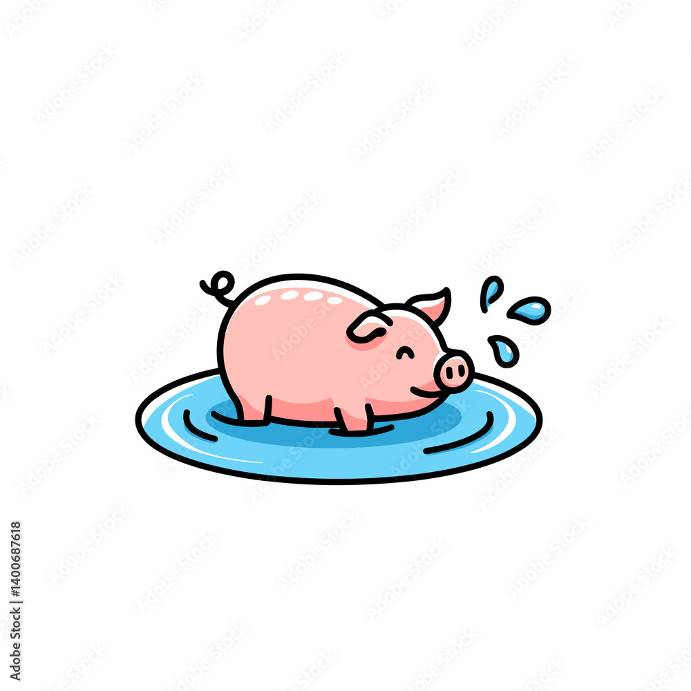 Cartoon pig playing in water puddle Cartoon pig playing in water puddle